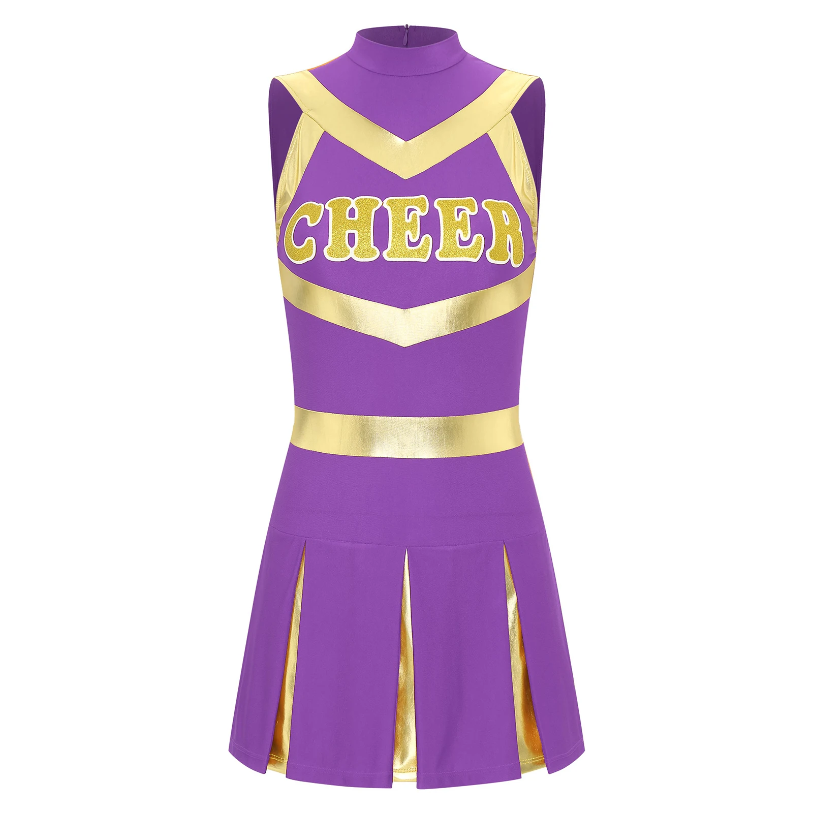 Women Shiny Cheerleading Dance Dress Sleeveless Pleated Print Dress Youthful Schoolgirl Cheer Squad Uniform Halloween Costumes