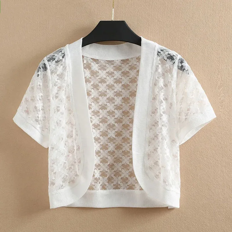 Fashion 2025 New Korean Cardigan Thin Shawl Women's Summer Short Coat Short Sleeve Lace Ladies Casual Tops Female