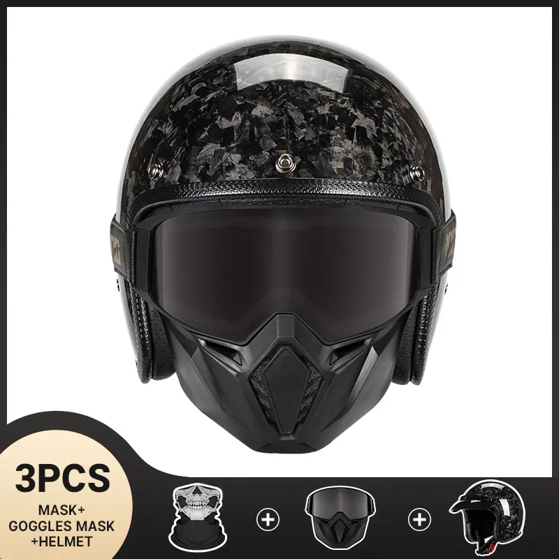 

3K 12k Forged Pattern Carbon Fiber Ultra-light Motorcycle Men's and Women's Trendy Retro Half Helmet with Anti-fog Mask