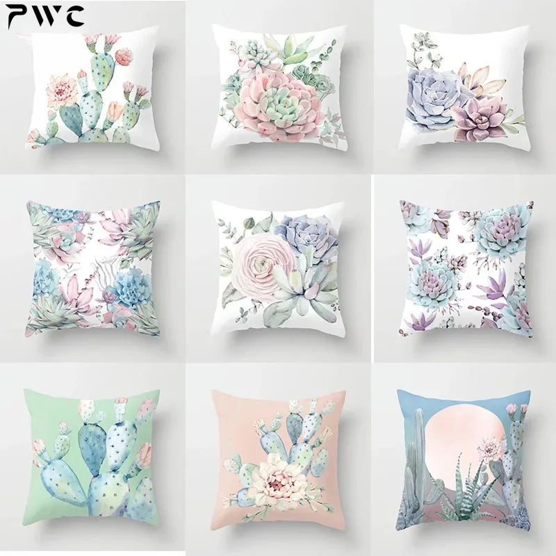 

Meaty Throw Pillowcase Plant Pattern Printing Polyester Decoration Cactus Aloe Green Cushion Cover Bench Sofa Fluffy Pillow Case