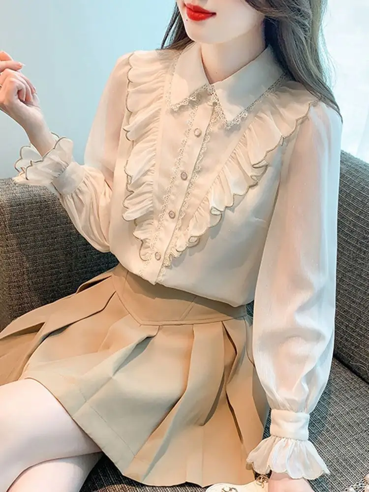 Lotus Leaf Edge Long Sleeved Chiffon Shirt for Women New French Style Style Top Youthful and Beautiful Little Shirt