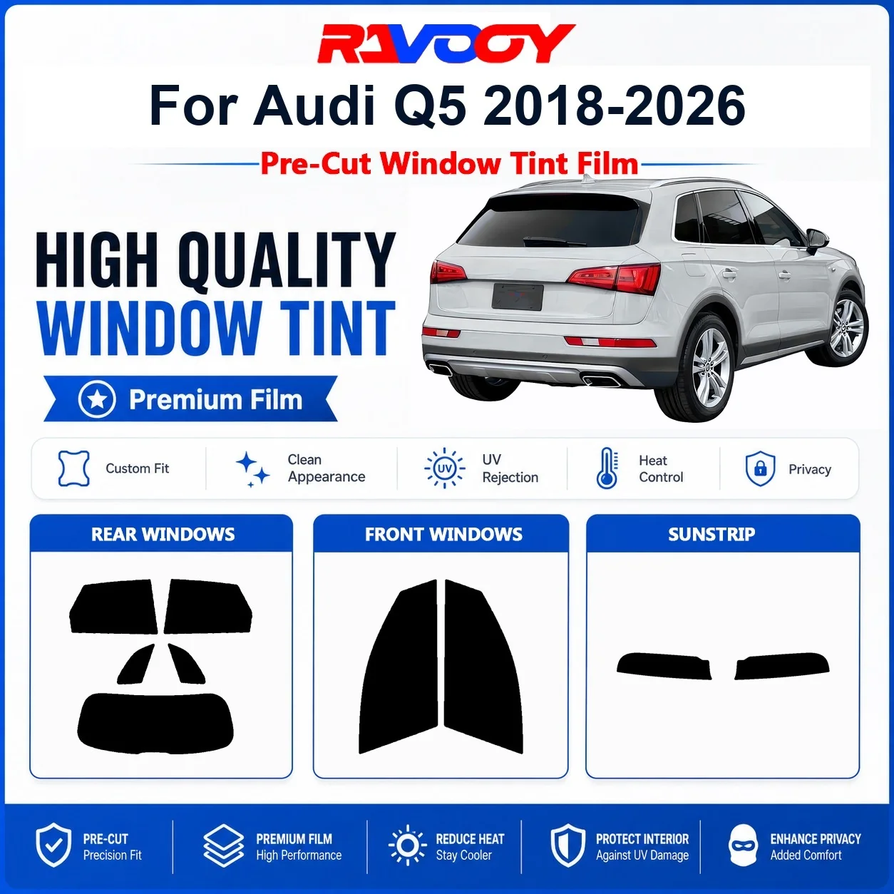Film teinté premium pré-découpé pour vitres Audi Q5 2018-2026 (avant et arrière) – Protection UV et chaleur, film de confidentialité