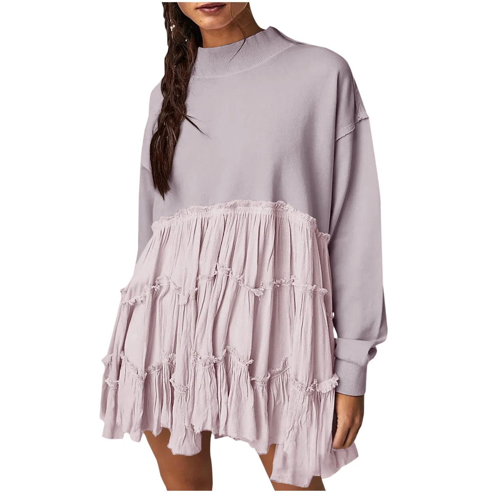 Women Oversized Pullover Sweatshirt Dress Long Sleeve Mock Neck Solid Ruffle Loose Sweatshirts Ladies Autumn Loose Sweatshirts