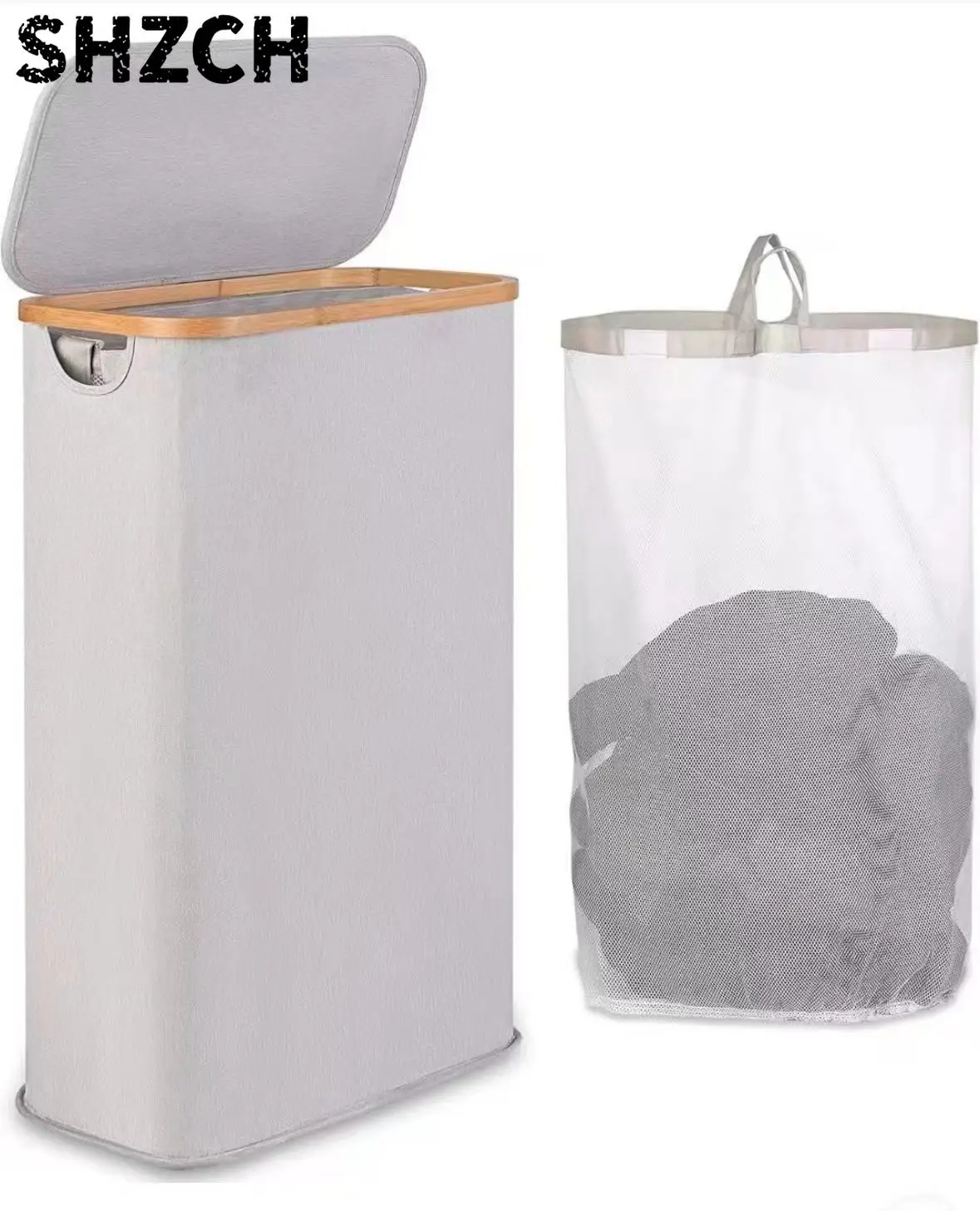Laundry Basket with Lid, Slim Laundry Hamper, 63L, Space-Saving, Removable Mesh Liner, Oxford Fabric, Bamboo Handles