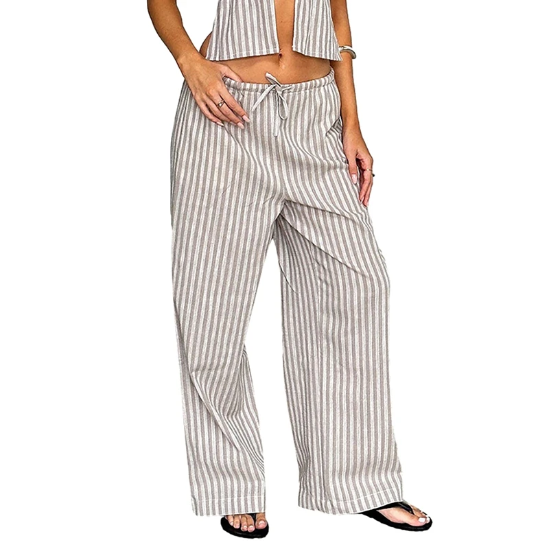 

Casual Looks Street Style Loose Pants Fashion Outfits Vintage Striped Wide Leg Straight Pants Women High Waist Tie Up Trousers