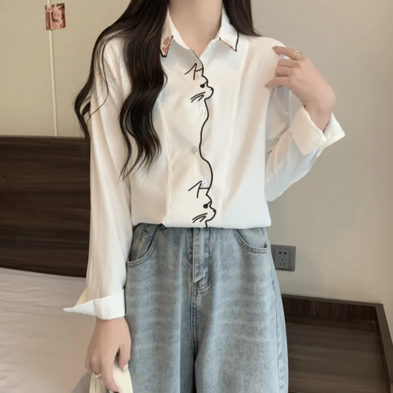 Autumn Office Lady Long Sleeve Embroidery Blouse Elegant Clothes Casual Cat Pattern White Shirt Sweet Women Tops Blusas 7902 50