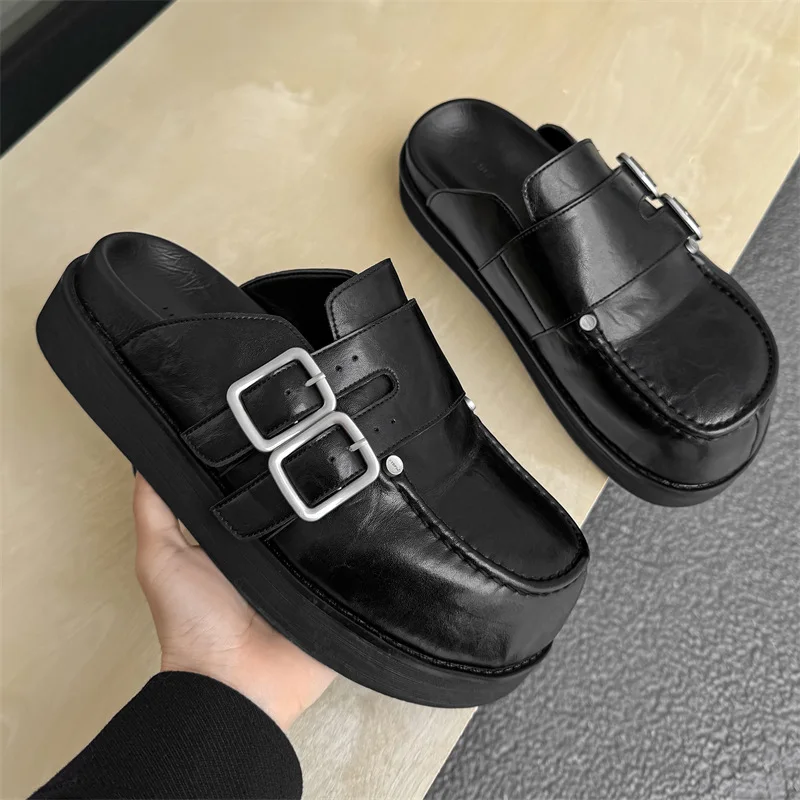 

Summer Loafers Thick Bottom Mules Men Half Shoes For Man Slippers Leather Casual Shoes Double Monk's Buckle Slides Sandals 2025