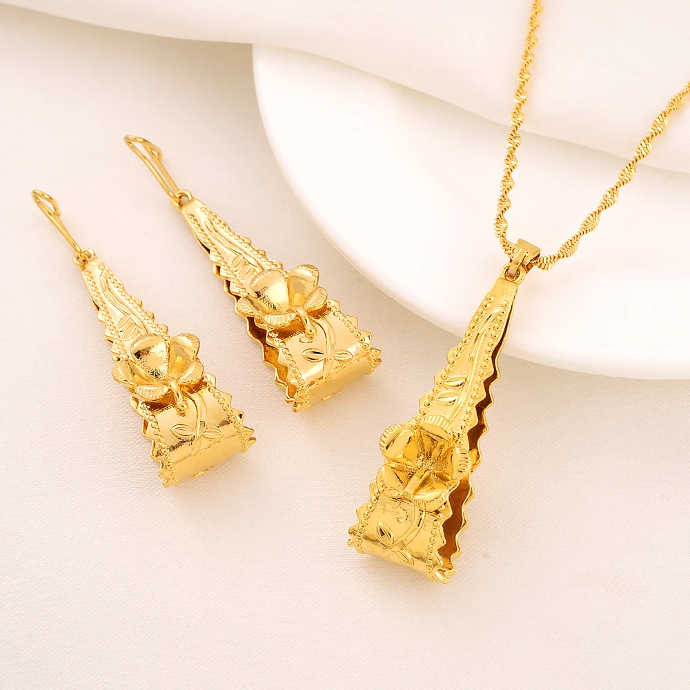 Trinidad Gold Color Hisbicus Necklace Earring Women Party Gift Charms Girls Kid Jewelry Sets