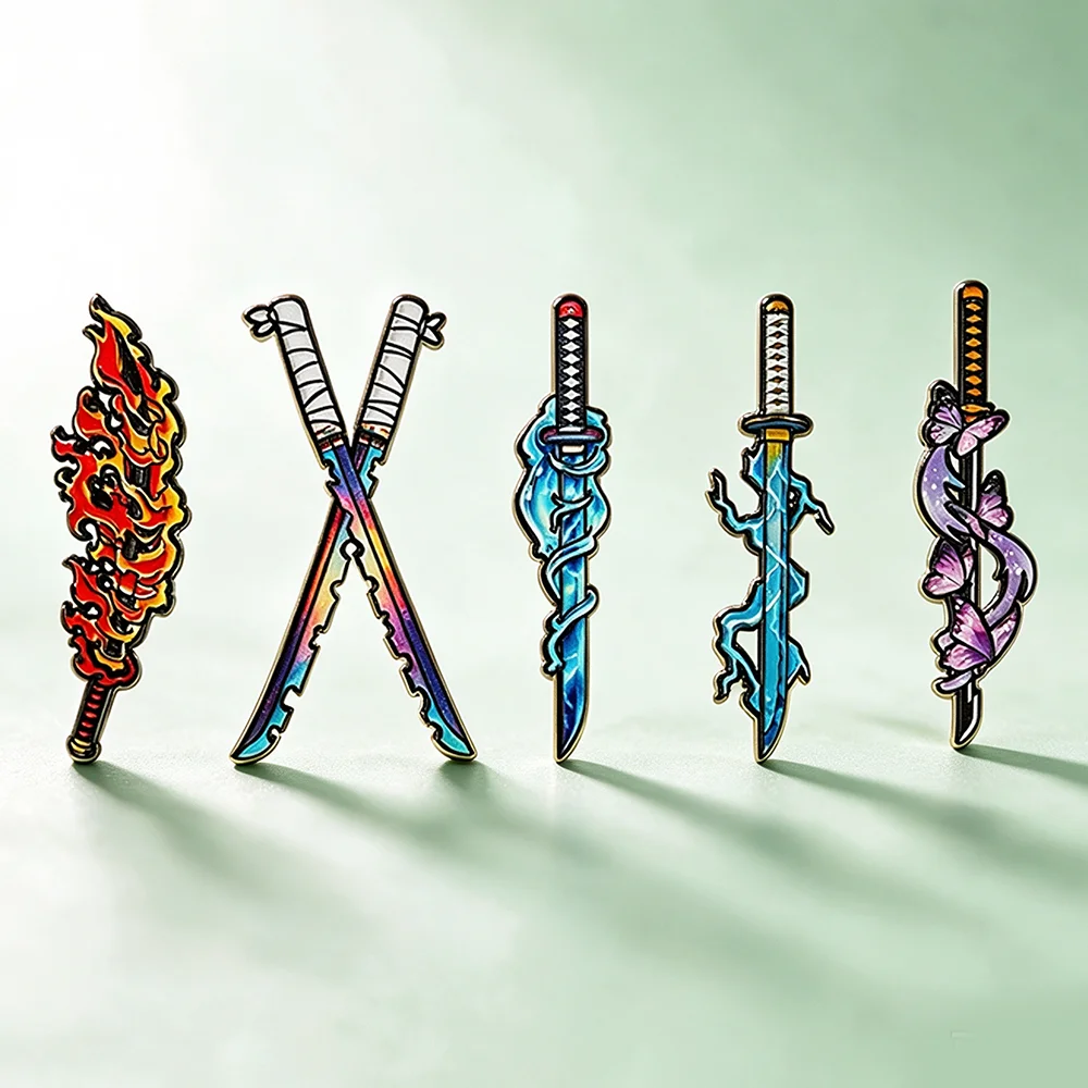 5pcs Demon Slayer Nichirin Sword Enamel Pin Set Anime Katana Brooches, Tanjiro, Zenitsu, Inosuke Themed Lapel Pins Collection