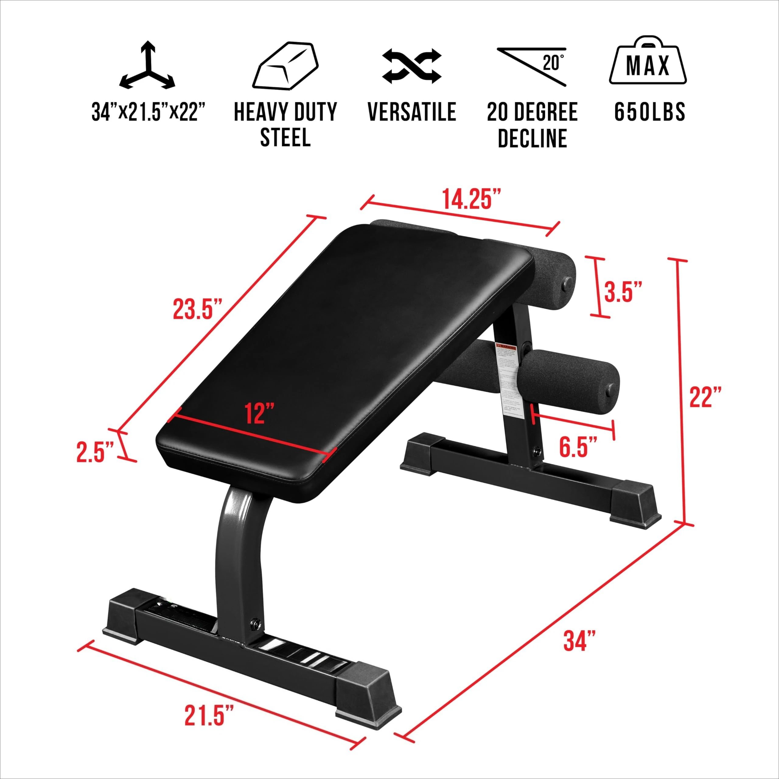 Decline Sit-Up Bench for Ab Workouts – Heavy Duty Abdominal Slant Board for Crunches, Core Training, Russian Twists, Ab