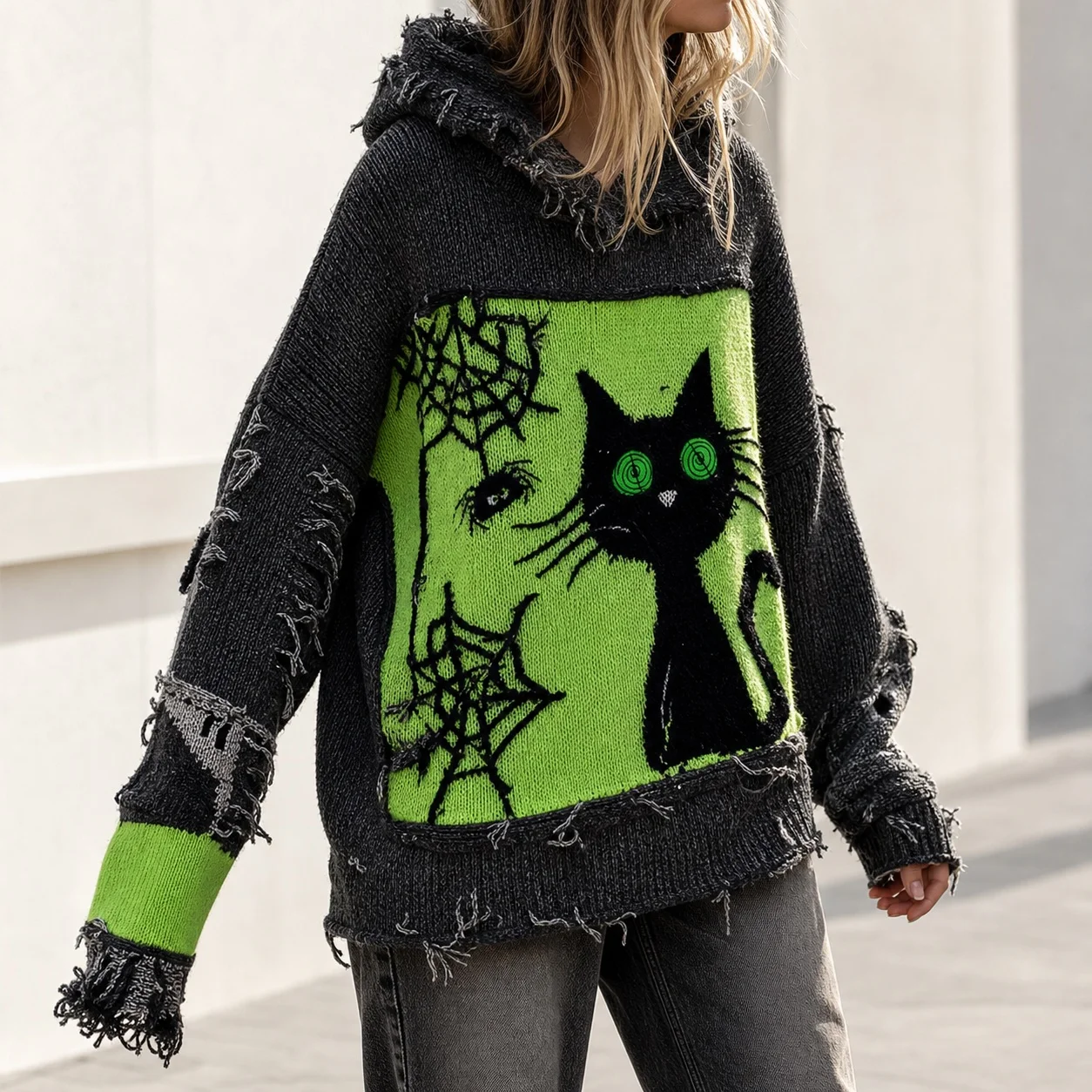 women's-loose-fit-long-sleeve-crew-neck-3d-printed-graphic-long-length-hoodie-with-black-cat-graphic-glowing-eyes-spiderweb