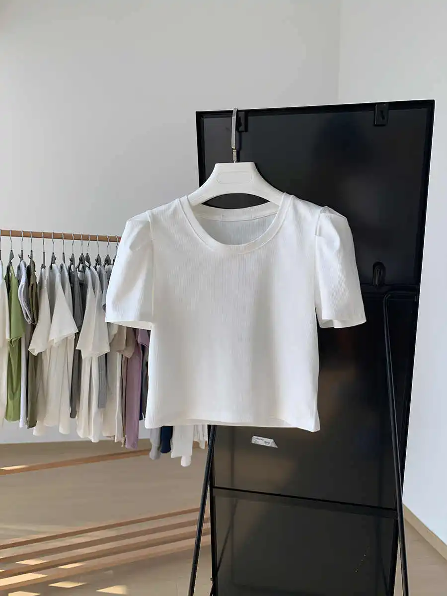 Sommer Französisch Blase Hülse T-shirt Frauen Rundhals Baumwolle Kurzarm Top Weibliche Elegante Einfache Weiche Weiße Tees