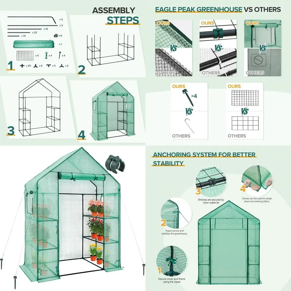 

Portable 3-Tier Greenhouse with Roll-Up Door & Side Windows, 4 Shelves, 61x28x79, Clear/Green Cover