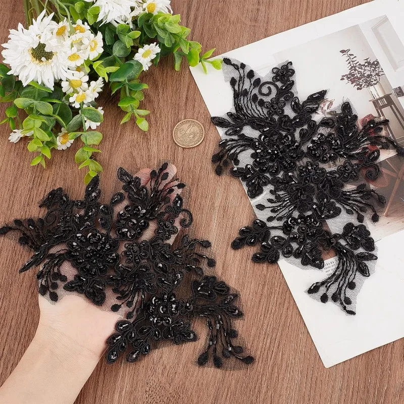 2Pcs Pearl Flower Embroidery Lace Patches 3D Floral Black Floral for Headpiece Clothing Bridal Accessories Supply Craft DIY