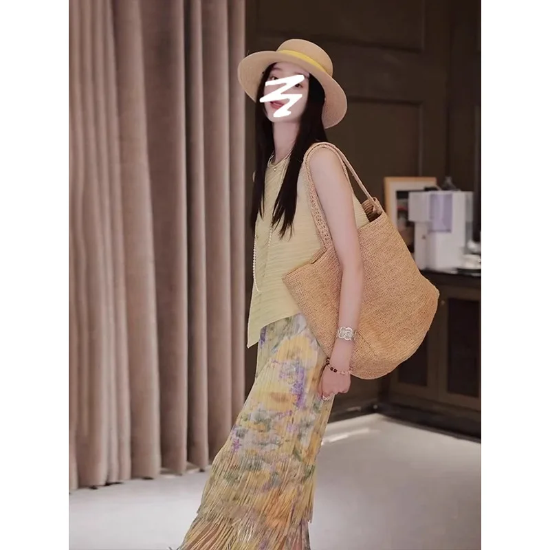 Miyake 2025 verão novo plissado cor sólida superior cintura alta saia de meio corpo de duas peças moda casual cem terno feminino alsey