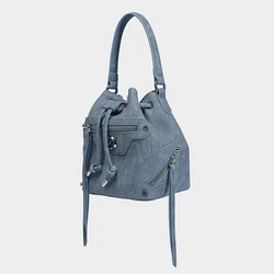 England Style Casual Bucket Bags For Women Luxury Designer Handbags And Purses 2024 New In PU Rivet Underarm Cloth Shoulder