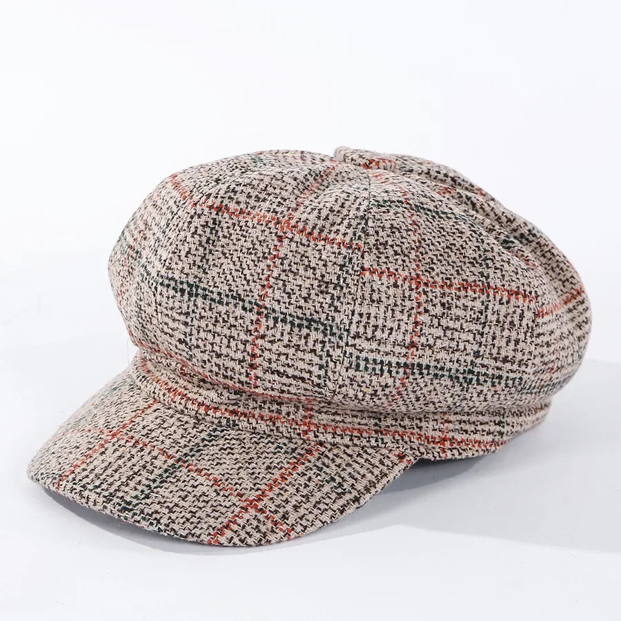 Vintage achteckige Baskenmütze für Damen, Zeitungs jungen hut, lässige Woll imitation, Plaid, neue Mode, 2024 – Detail 6