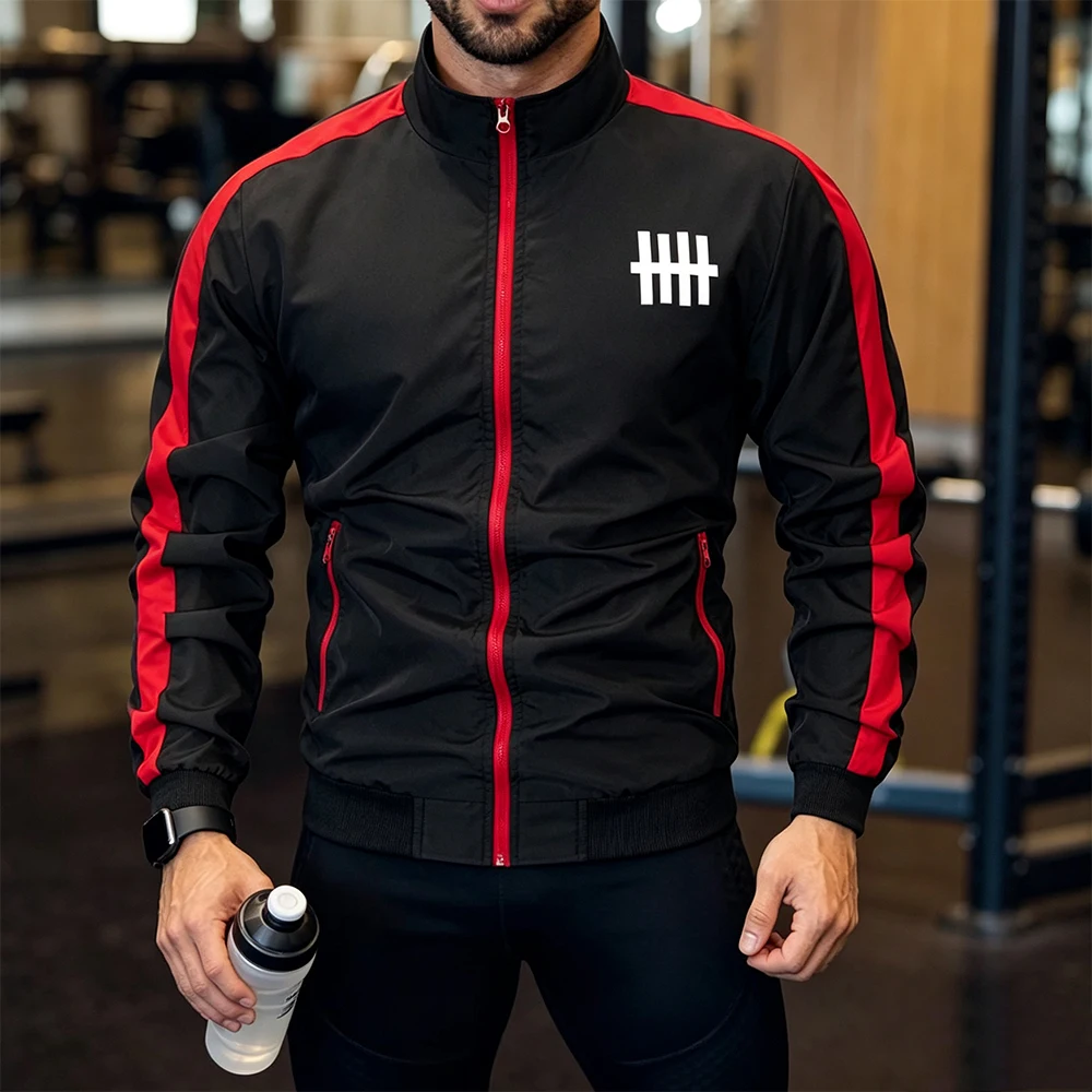 Mens Stand Collar Full Zip Track Sport Jacket Full Zipper & Side Stripes Casual Daily Streetwear Running Tops Fence Grid Print