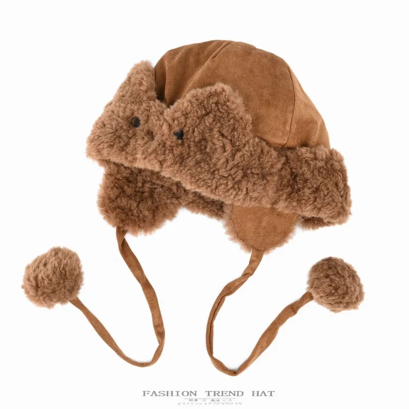 Cute Rabbit Ears Design Plush Bomber Hats for Women Autumn and Winter Thick Warm Ear Protection Versatile Pilot Caps Men