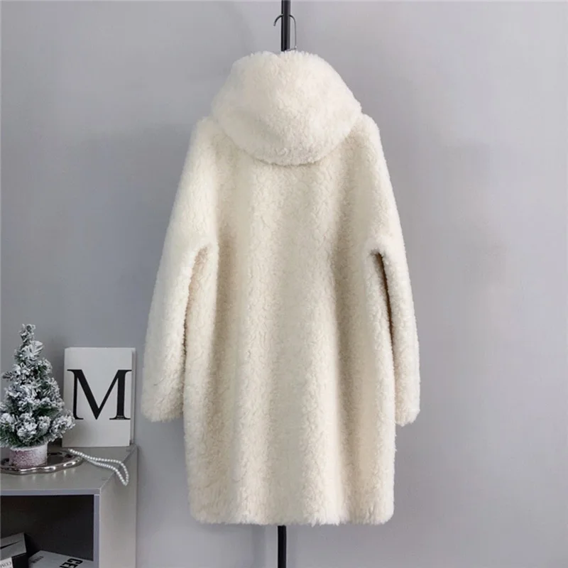 Real Wool Fur Hooded Overcoats Women Winter New Single Breasted Thick Warm Mid Long Jackets Fashion Versatile Coats Tops