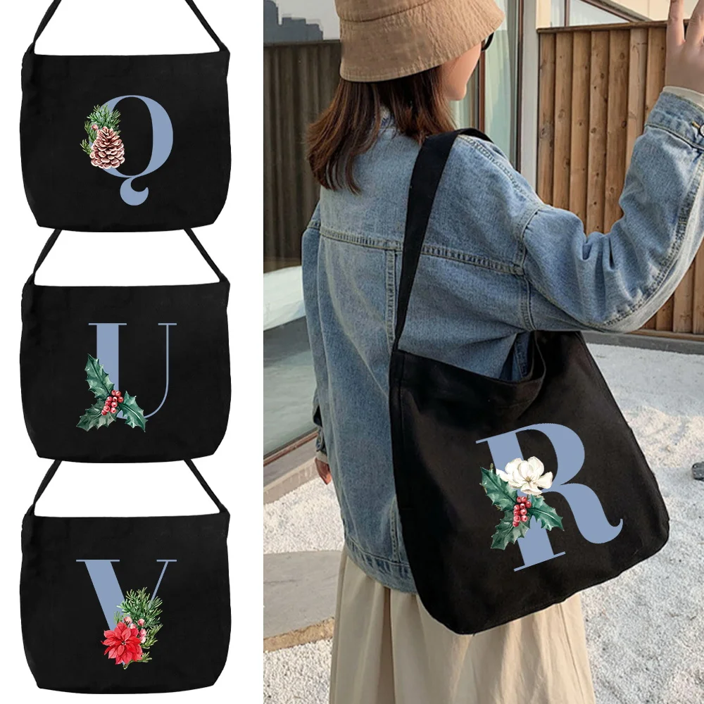 

Shoulder Bags Canvas Tote Bag Black Women's Work Commuter Bag Blue Letter Printing Series Aesthetic Travel Organizers Bags