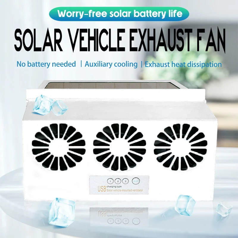 F-598 White Solar Car Exhaust Fan 3 Fans 5V USB Powered Vehicle Window Cooling Vent No Battery