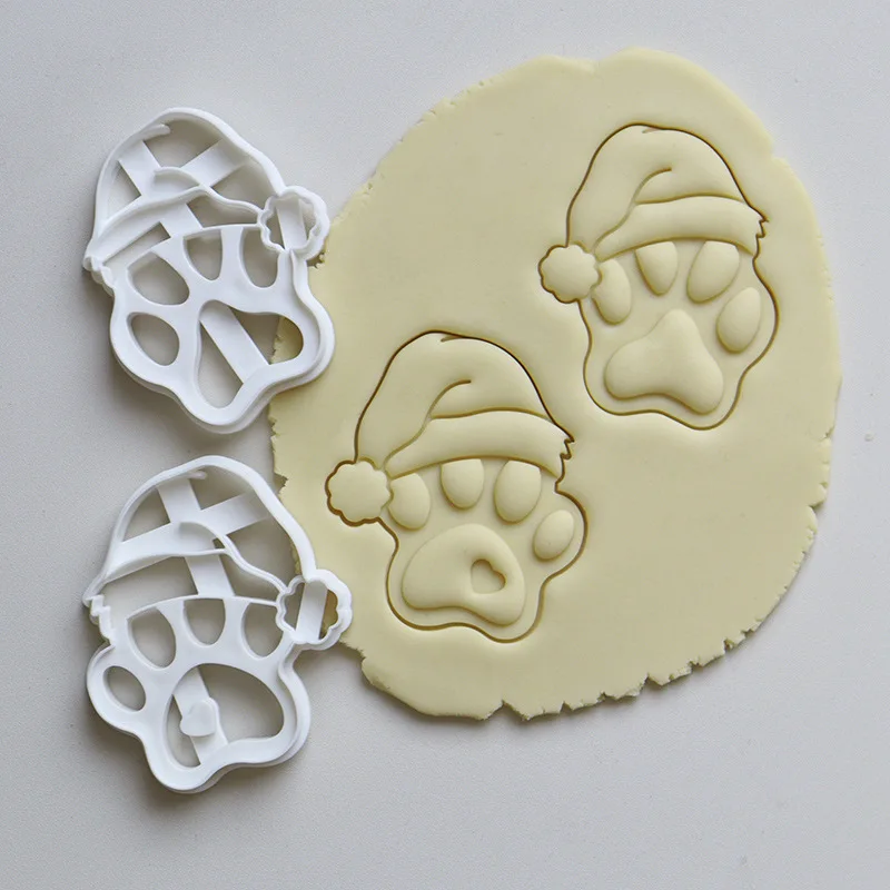 Christmas Hat Cartoon Plastic Dog Paw Cookie Cutters Cute Animal Pet Dessert Cookie Embosser Molds Xmas New Year Party Decor