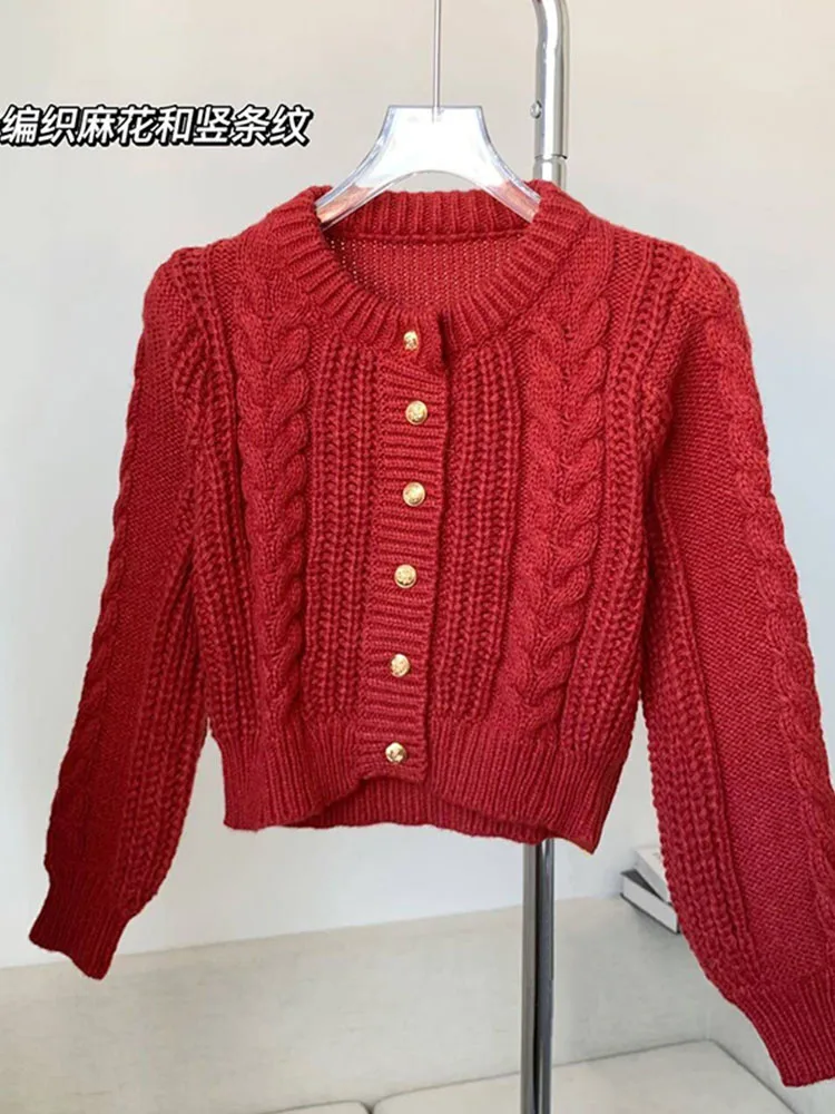 Harajuku O-Neck Red Cardigans Single Breasted Cozy Sweater Knitted Outerwear Long Sleeve Casual Jumper KoreanY2k Autumn Winter