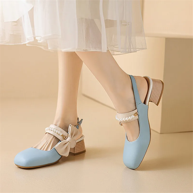 New Summer Women Sandals Mary Jane Shoes for Women Square Toe Chunky Heels Zapatos Mujer Ladies Shoes Fashion Bow Sandals