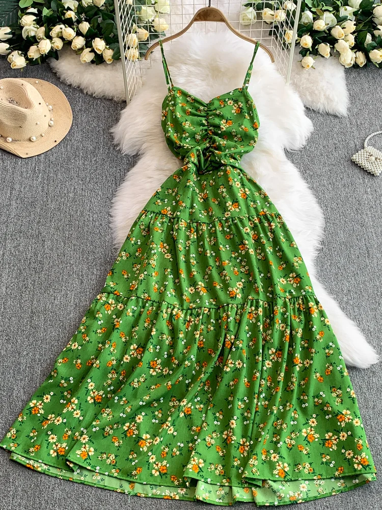 Boho mujer verano elegante estampado floral plisado maxi vestido largo casual sexy correa de espagueti vestido de fiesta elegante túnica vestidos de playa