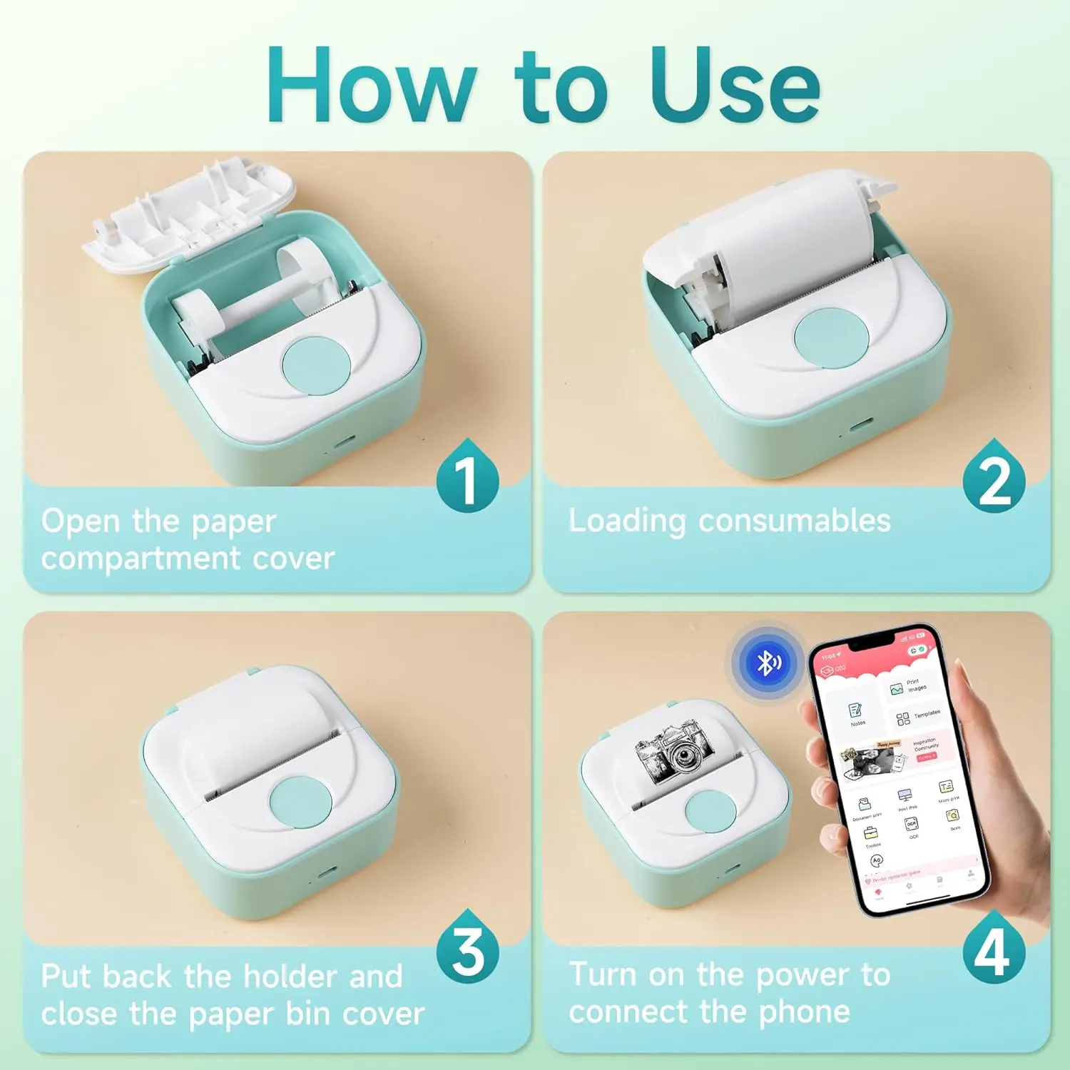 Q02 미니 열전사 스티커 프린터, 블루투스, 1롤 용지, DIY 스티커, 메모, 선물