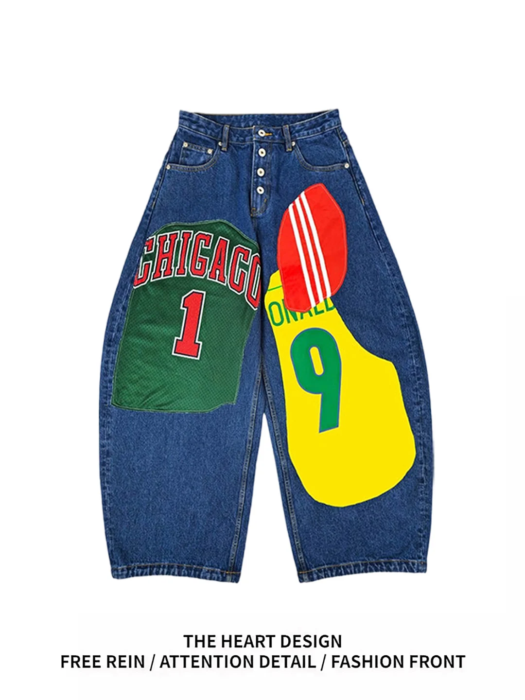 

Trendy Wide Leg Denim Jeans Women Summer Spicy Loose Bf Lazy Style Floor-Length Pants High Waist Vintage Printed Casual Blue