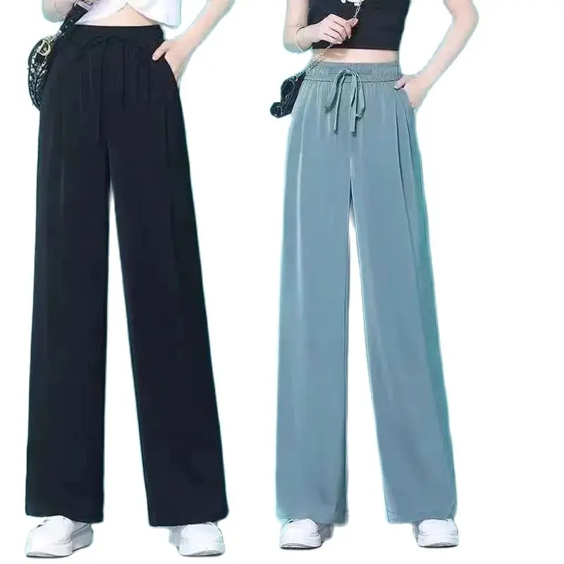 

High Waist Lce Silk Wide Leg Pants Women 2023 Spring Summer Pants Straight Sag Thin Loose Leisure Pants Female Trousers Trendy