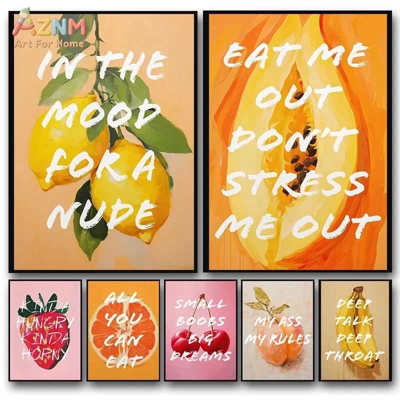 AZNM Funny Quote Fruit Canvas Wall Art Retro Lemon Orange Strawberry Banana Typography Art Print Preppy Kitchen Bar Decor Poster