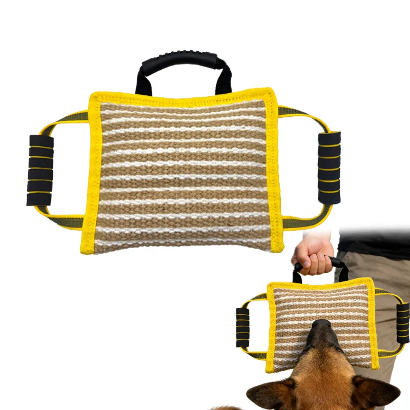 

Durable Dog Bite Pillow Safe Biting Pad with 3 Strong Handles Tough Jute Tug Toy for Medium to Large Dogs Training Equipment