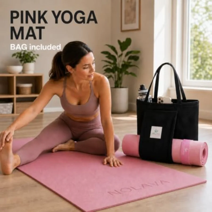 Yoga mat for studio and home use, TPE material, black color, non-slip surface with 1/4 inch thickness and included carry tote w