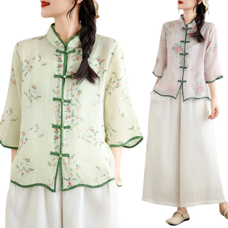

New Chinese Style Women's Shirt With Button Print Sleeveless High-End Reformed Tang Costume Seven-Quarter Sleeve Top