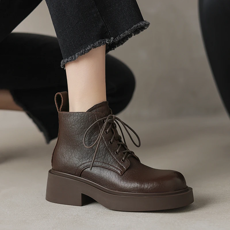 Genuine Leather Women Ankle Boots Lace Up Spring Autumn Sheepskin Woman Shoes Round Toe Mid Heel Winter Black Brown Retro Boots