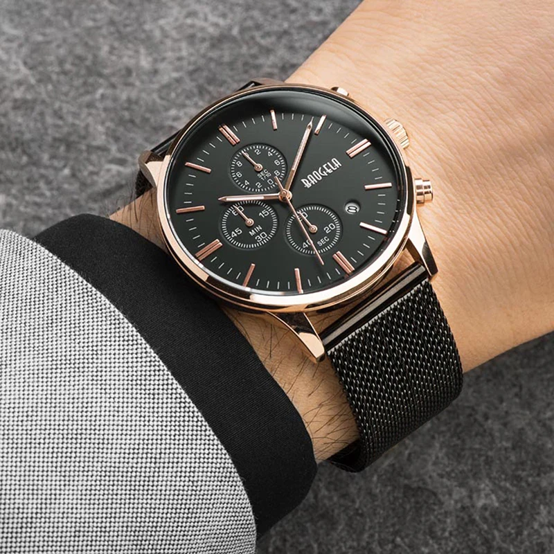 BAOGELA Fashion Quartz Watch Mens Black Mesh belt thin round Watches Christmas Gifts Men Chronograph Wristwatch For Male