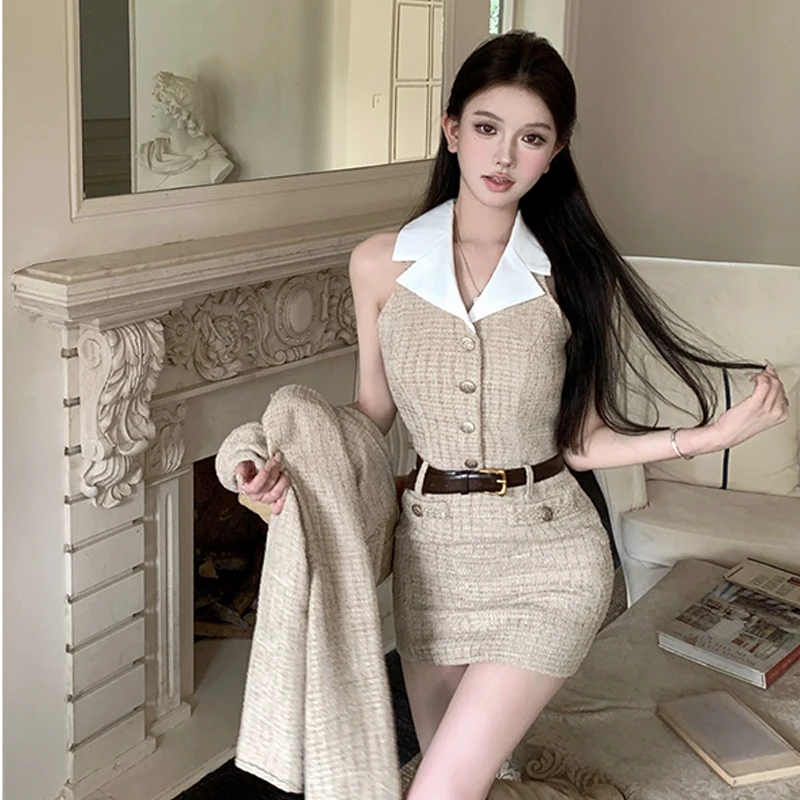 Conjunto de dos piezas suave de estilo francés para mujer, camiseta sin mangas con cuello colgante, vestido con cinturón + abrigo de traje corto ajustado de un solo pecho
