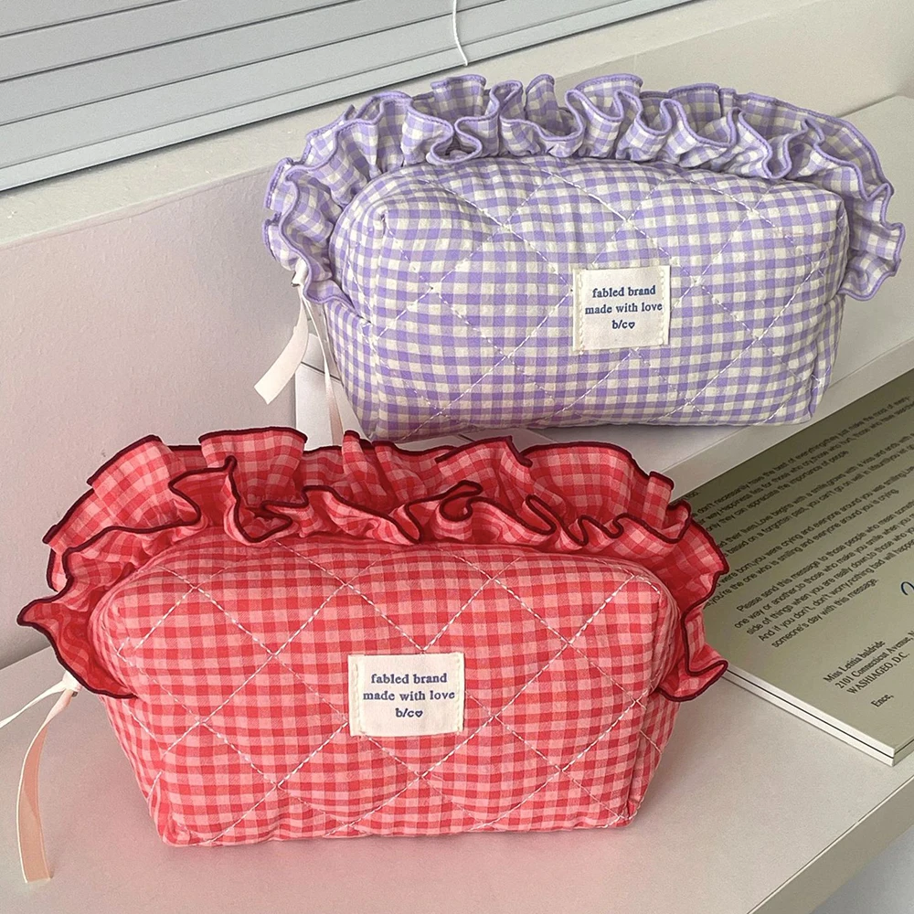 Plaid Pattern Ruffle Makeup Bag with Zipper Large Capacity Wash Storage Bag Korean Style Cute Cosmetic Cases Skincare