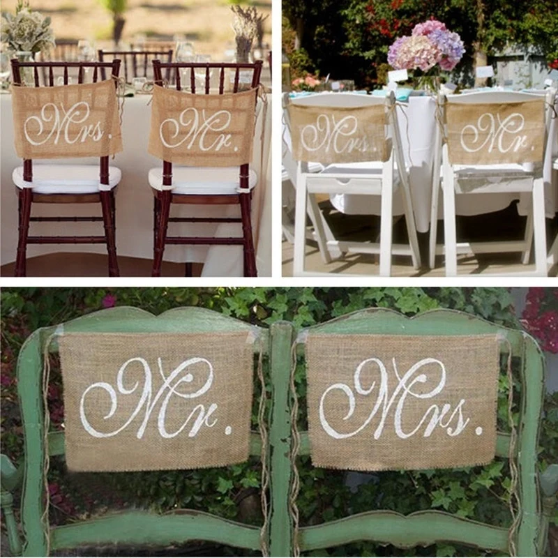 Mr & Mrs Burlap Chair Banner Set Chair Sign Garland Rustic Wedding Photo Background Backdrop Party Chair Decoration