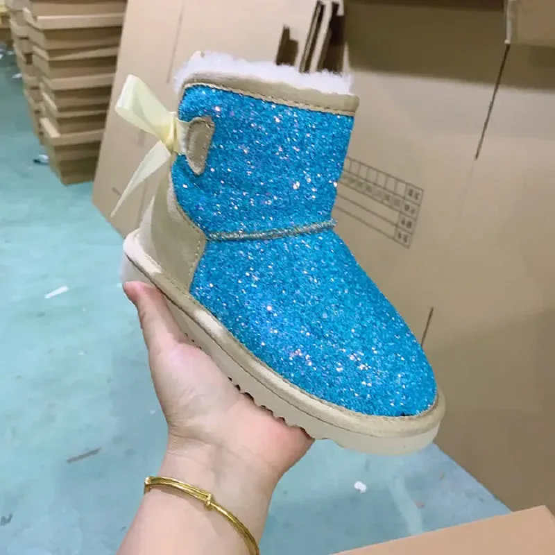 Girls Wool Lining Boot Winter Warm Sequins Comfortable Cute Bling Bling Sparkle Glitter Ankle Women Kids Snow Boots