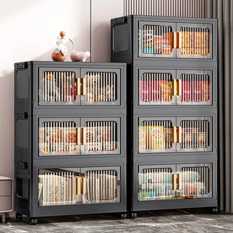 Foldable Clear Double-Door Storage Cabinet Large Space-Saving Mobile Organizer Dustproof Moisture-Proof for Kitchen Living Room