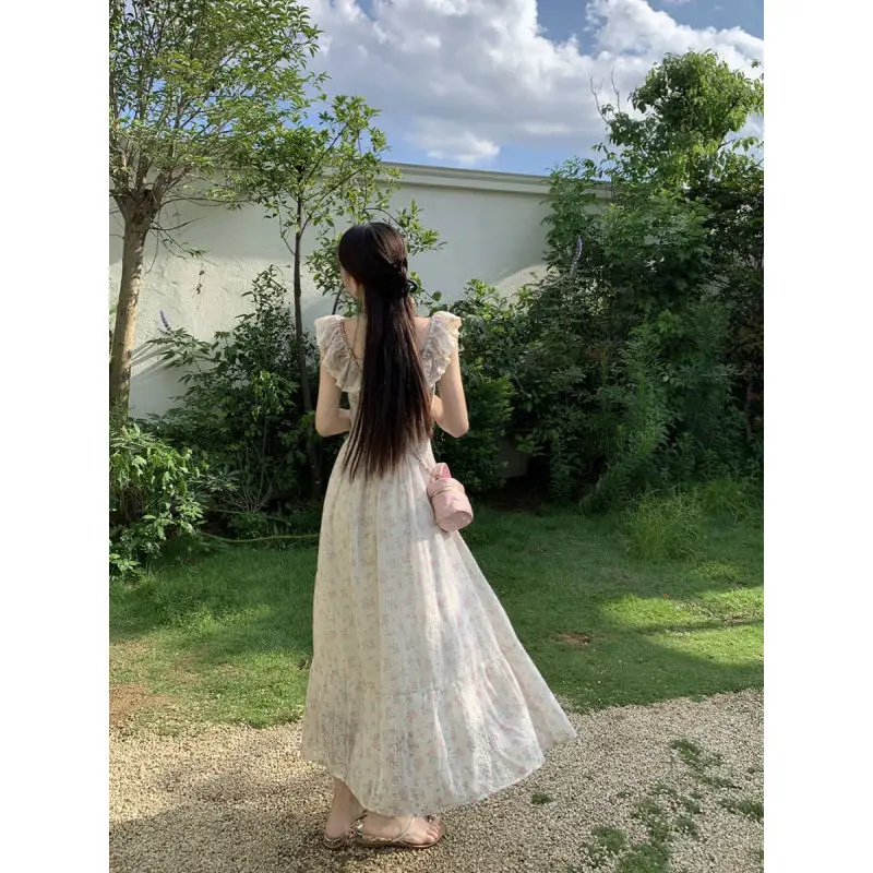 Ruffled Square Neck Small Flying Sleeve Fragmented Flower Dress Women Summer 150cm Shortgirls Gentle Sweet Retraction Mid length