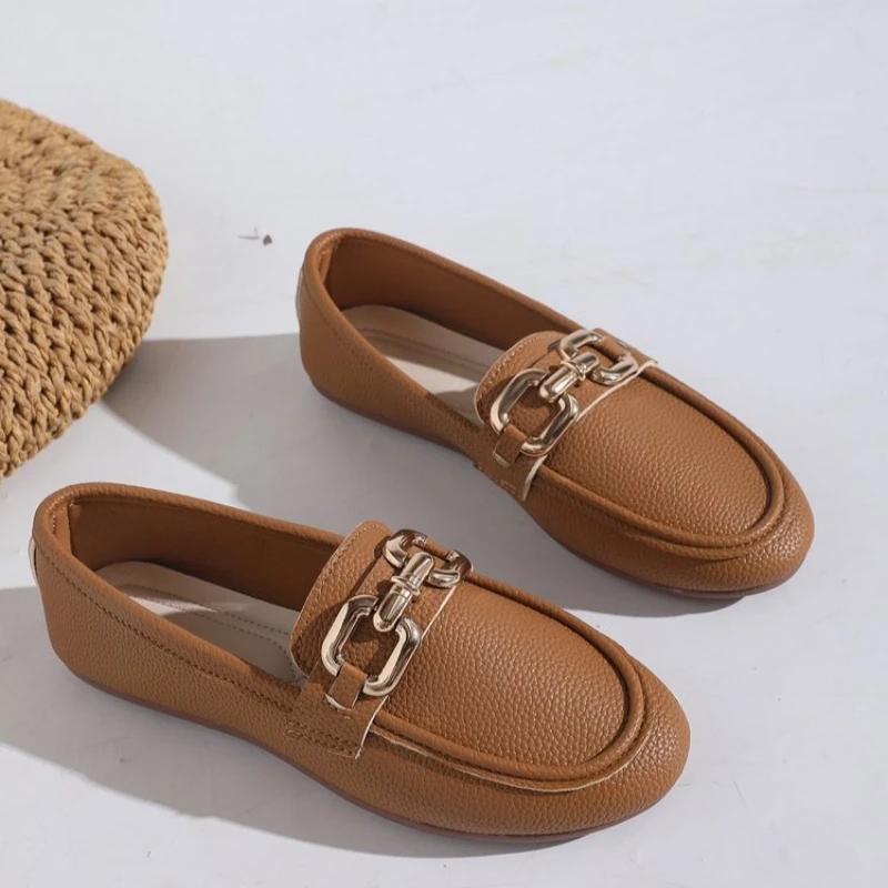Spring Autumn New Bean Shoes Female Women Round Head Low Heel Knot Chain Casual Footwear Mother Shoes Lady Loafer