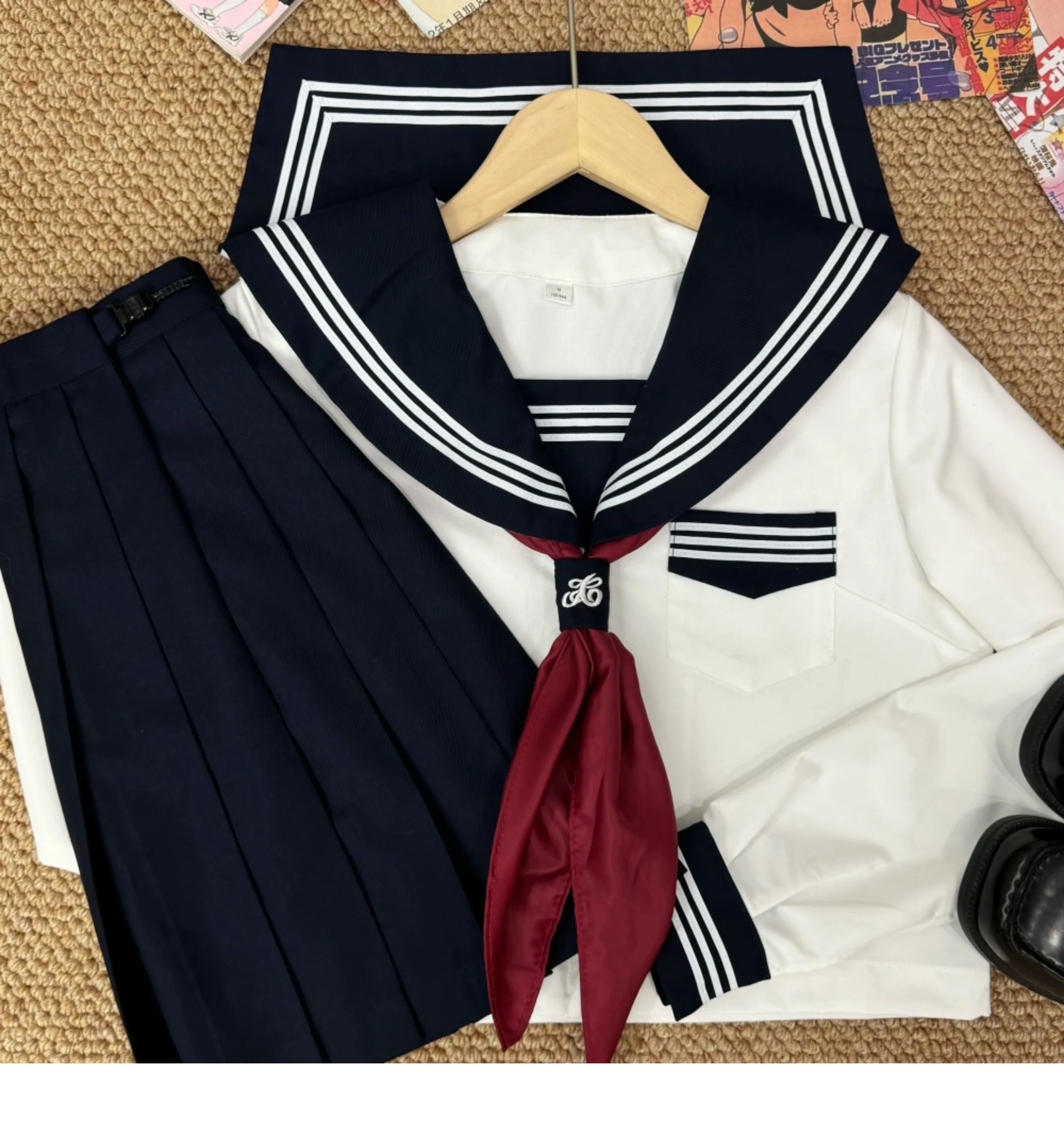 Tamanho grande jk feminino japonês ciano marinheiro faculdade manga longa camisa solta primavera outono versátil de cintura alta conjuntos de saia linha a