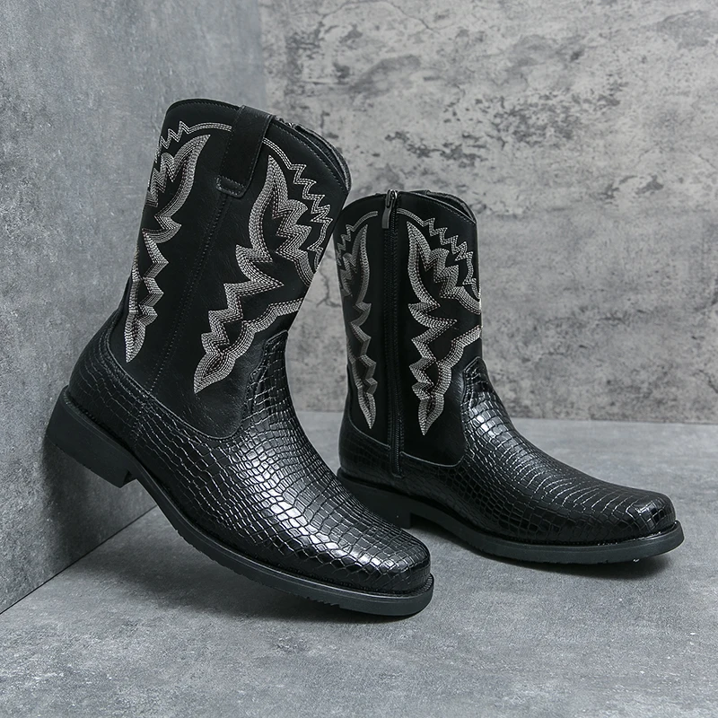 

Мужские высокие ковбойские сапоги в стиле вестерн с квадратным носком в стиле ретро и модные ботинки с вышивкой
