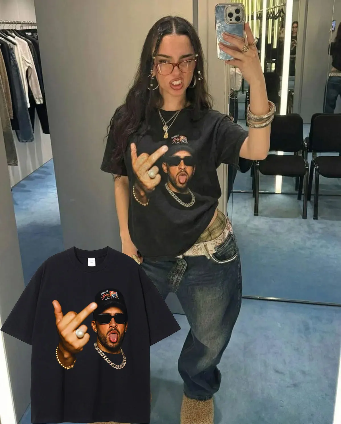 

Rapper Bad Bunny Face Same Style Graphic T-shirt Men Women Fashion Hip Hop Oversized T Shirt Male Casual Vintage Cotton T Shirts