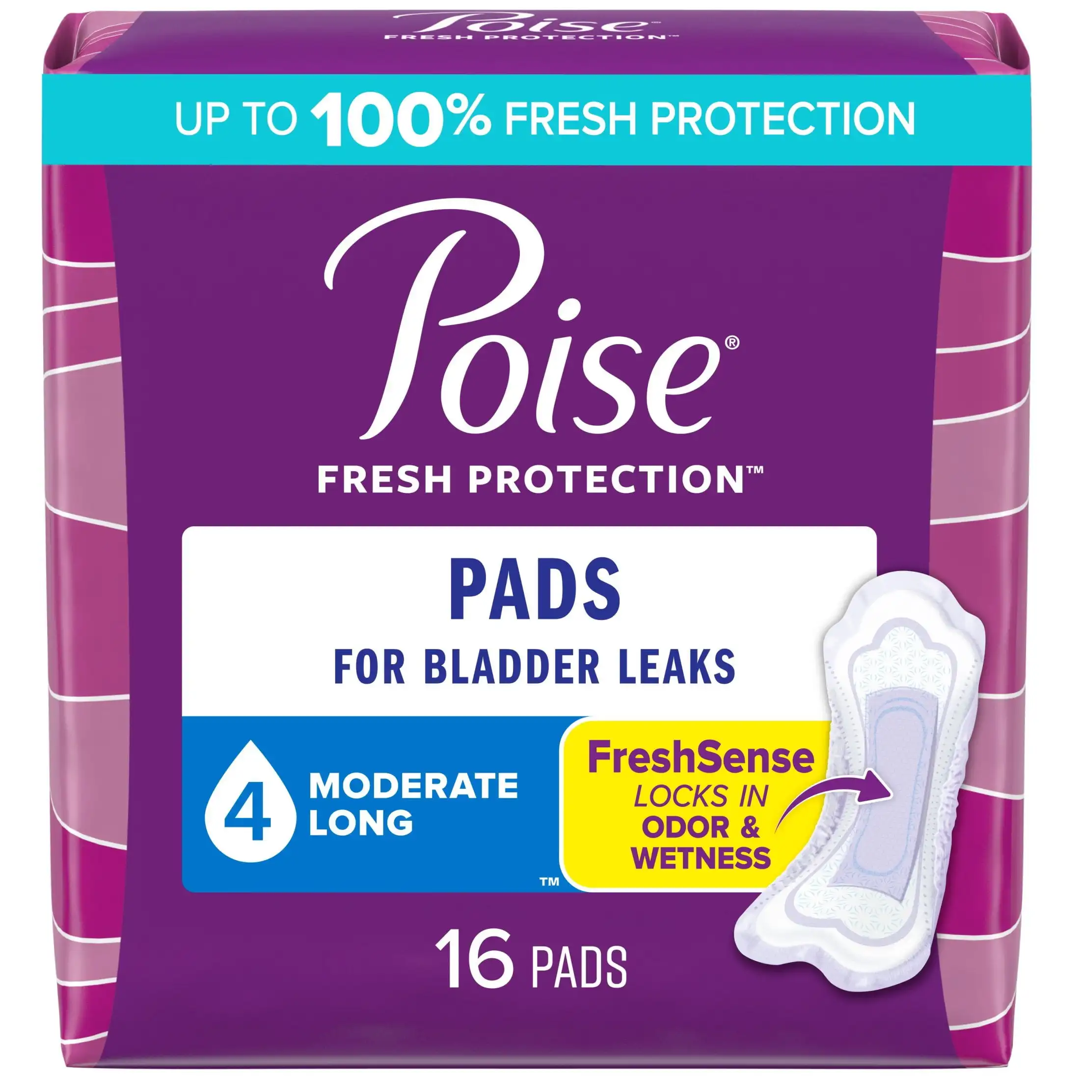 

Incontinence Pads for Women, 4 Drop Moderate Absorbency, Long Length, 16 Count